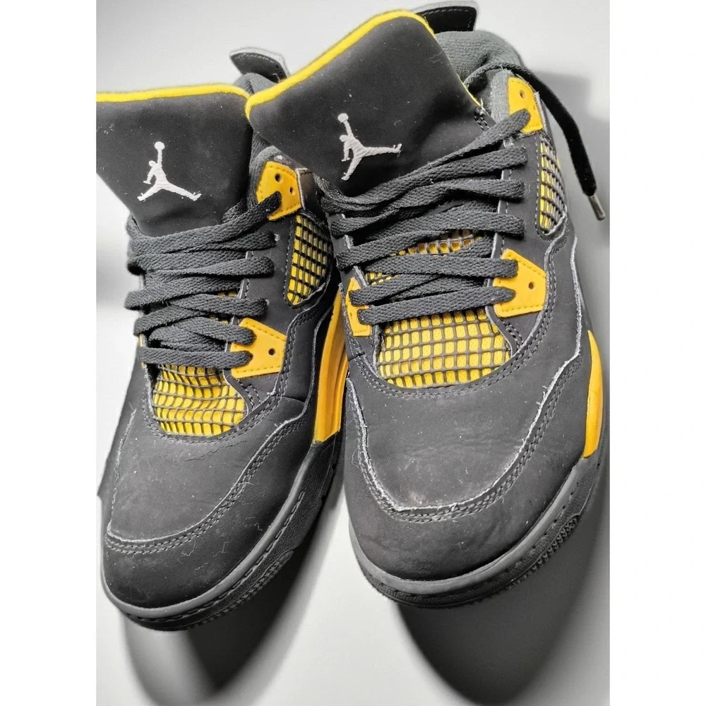 Jordan Air Jordan 4 Unisex Kids Black/Yellow/Gray Lace-Up Logo Sneakers